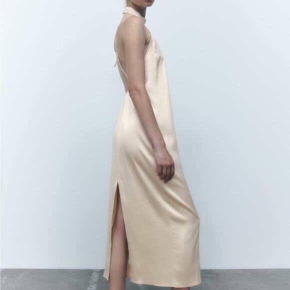 ZARA SATIN EFFECT HALTER DRESS ECRU - Picture 7 of 12